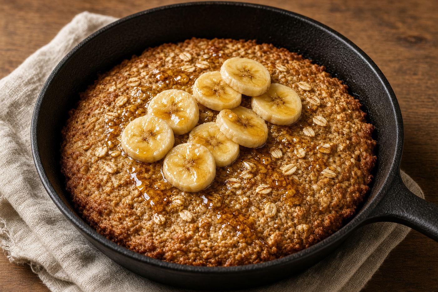 A thick banana oat pancake in a cast-iron skillet with sliced banana.