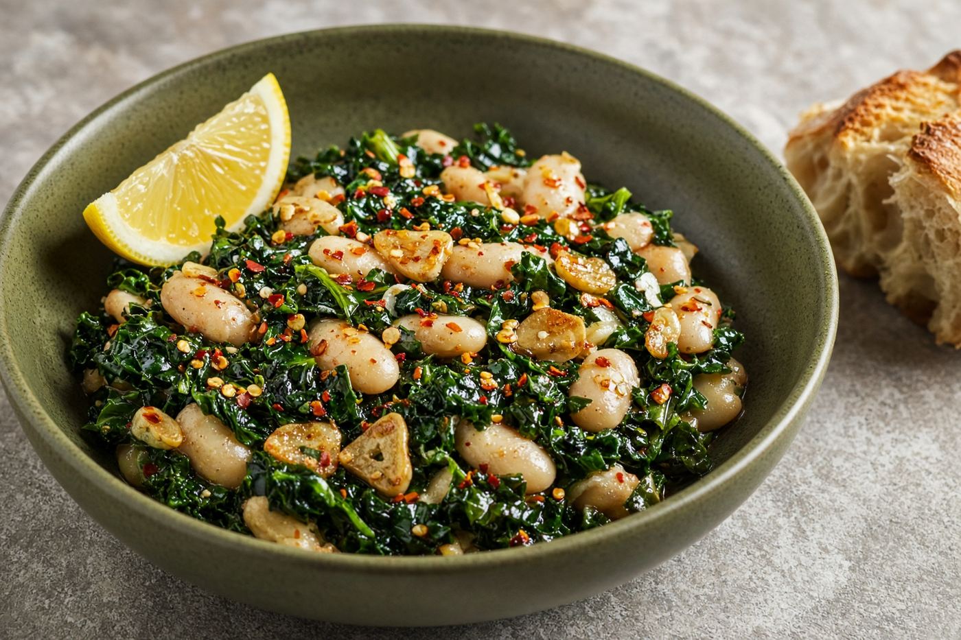 A bowl of sautéed garlic greens and white beans with lemon and bread.
